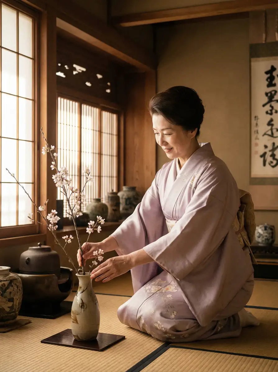 一位优雅的 成人动漫 在和室中插花
